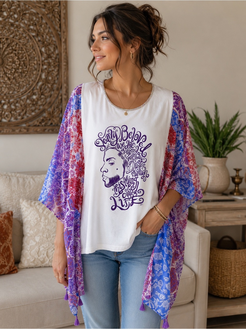 Prince Inspired Boho Kimono Tee | Handmade Upcycled Band Shirt New